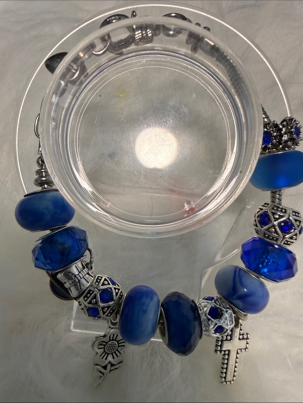 Blue Charm Bead Bracelet with Cross and Floral Charms